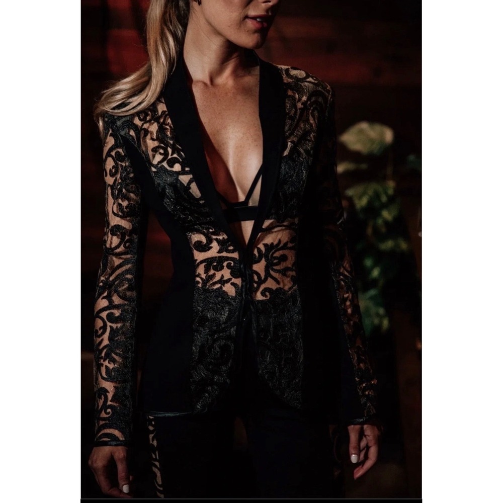 Fovari Couture Blazer L Black Sheer Lace Filigree Runway V-Neck Jacket Italy